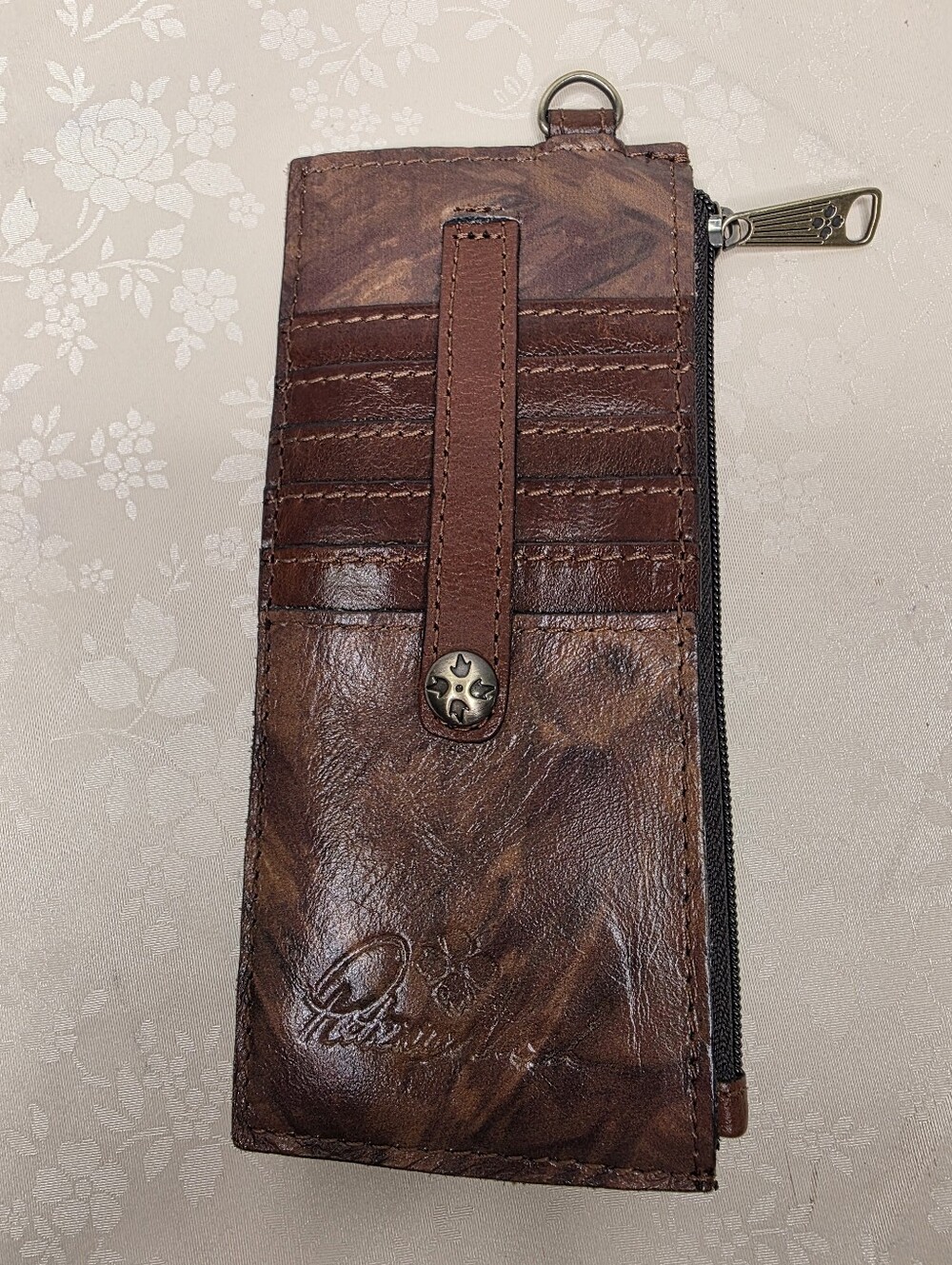 Patricia Nash Distressed Brown Leather Slim Card Case Wallet Zip Pouch